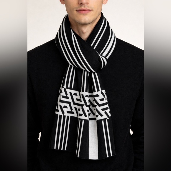 Versace Accessories - Versace La Greca Greek Key Long Scarf in Black and White Wool Unisex